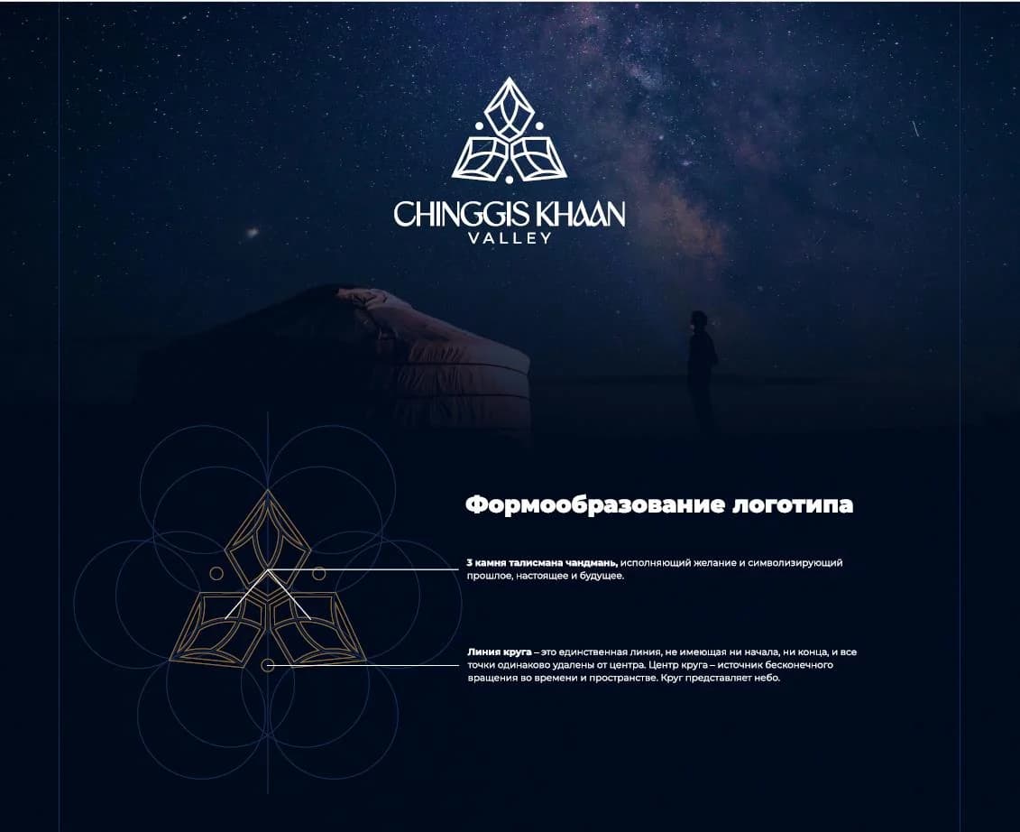 Brand book page “Logo formation”: the mark drawn over construction circles against a night sky with a yurt