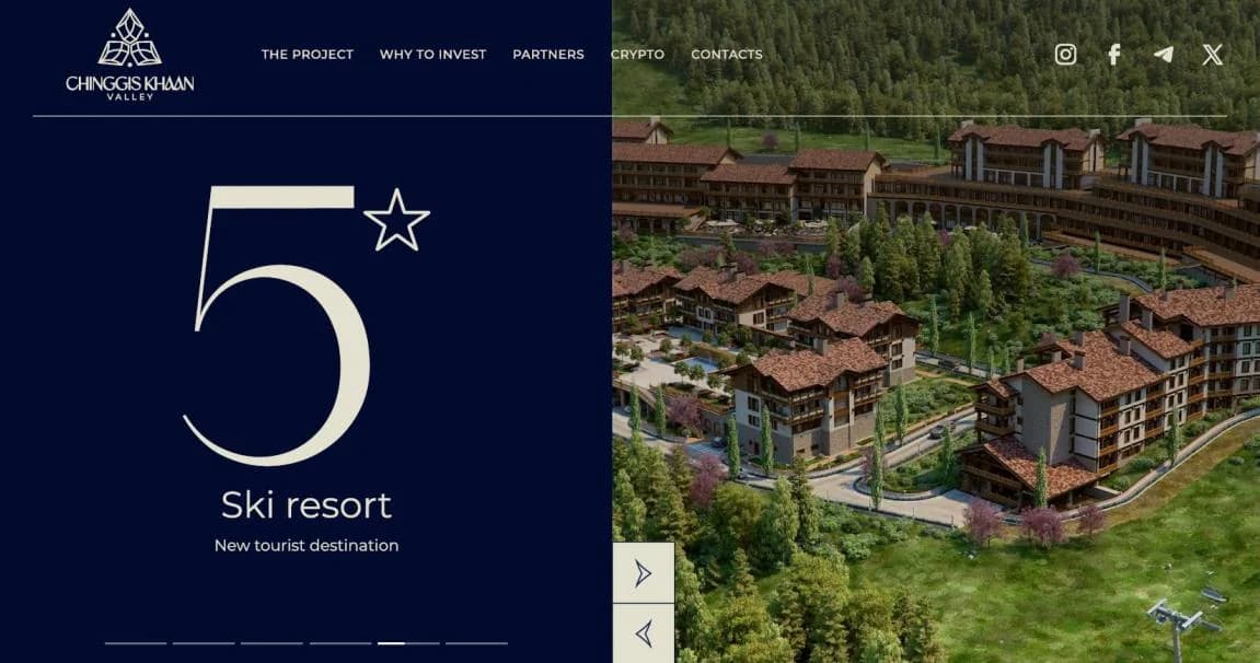 Website screen: a large “5★ Ski resort” beside an aerial render of the resort