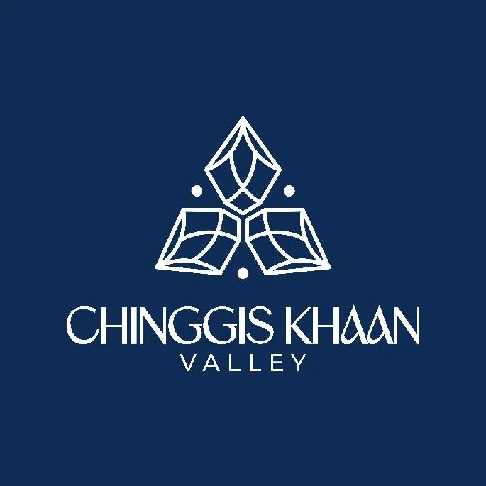 Chinggis Khaan Valley logo in white on navy: three faceted stones forming a triangle above the wordmark